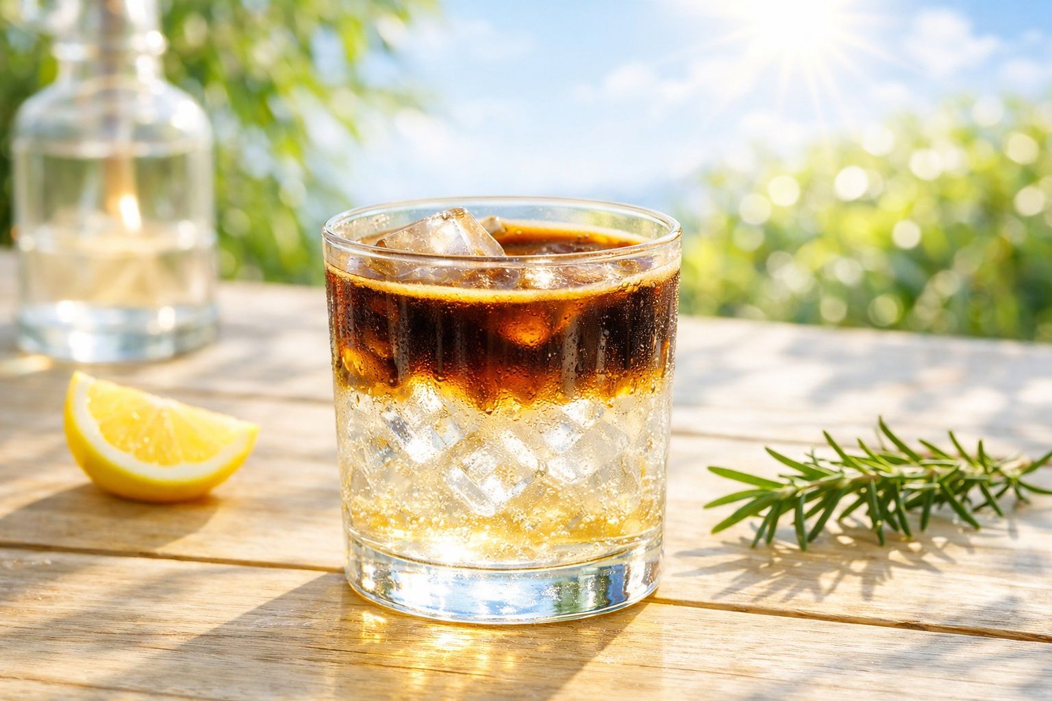 Letní espresso tonic ve sklenici s ledem a tonikem, prosvětlený slunečními paprsky na dřevěném stole