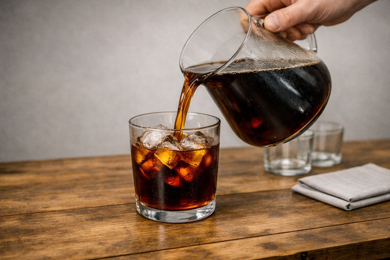 Servírování cold brew z karafy do sklenice s ledem – Kamikava